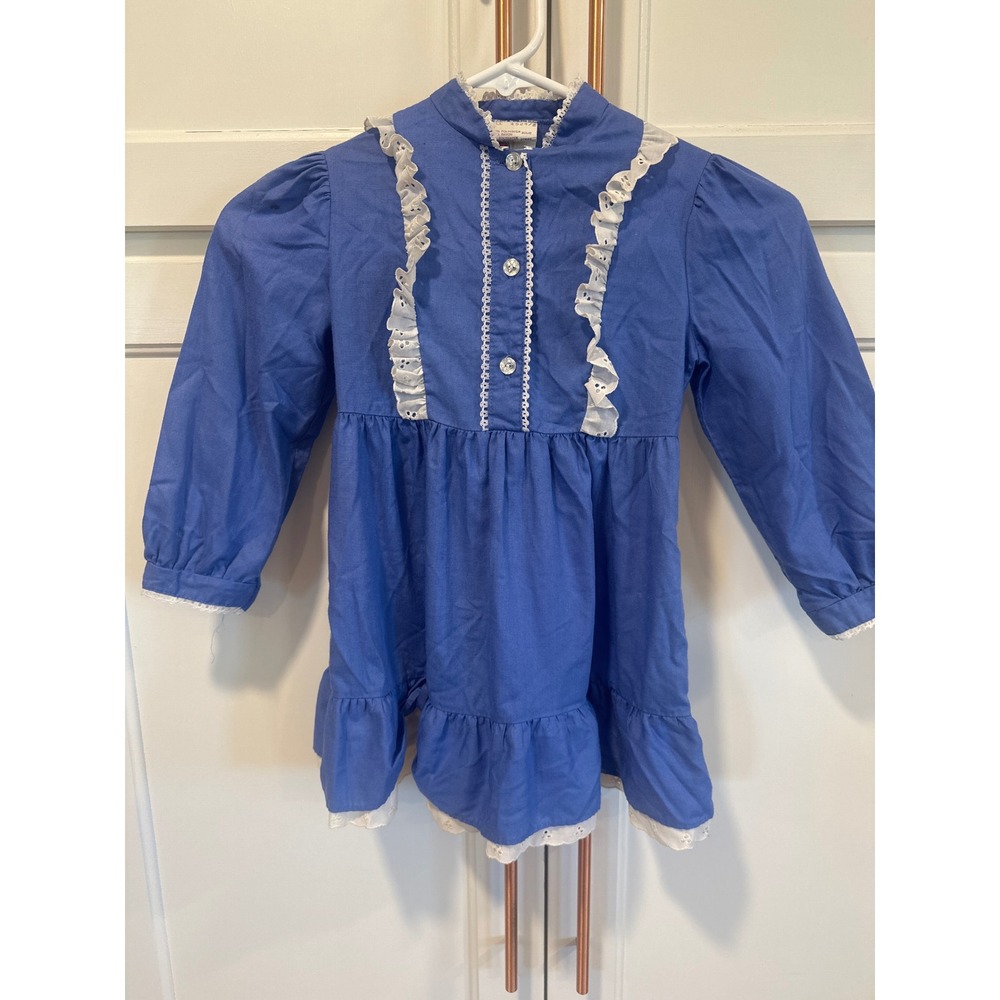 Vintage ILGWU Girls Blue Eyelet Lace Ruffle Prairie Dress Size 6 Made USA read